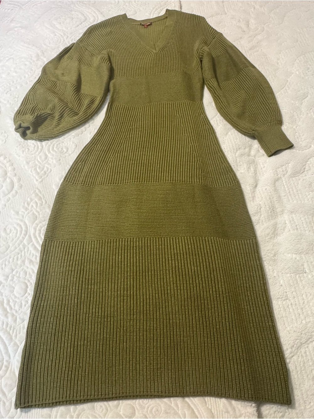 Olive Green STAUD Ribbed Knit V-Neck Sweater Dress